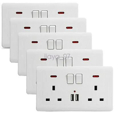 Double Wall Plug Socket 2 Gang 13A W/ 2 Charger USB Ports Outlets Flat Plate • £110.99