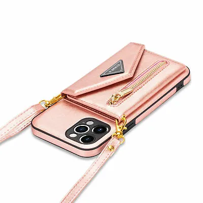 Fr IPhone 15 14 13 12 11Pro Max XS Leather Wallet Crossbody Strap Stand Case Zip • $17.05