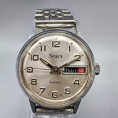 VTG Sears Watch Men 31mm Silver Dial Silver Tone Daydate Manual Wind Runs Swiss • $29.99