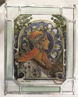 ~vtg Repo Alphonse Mucha Zodiac Woman Art Nouveau Stained Glass Panel Signed~ • $74.95