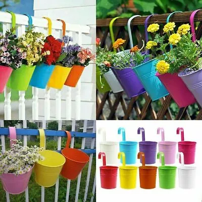 Set 12 Metal Flower Pot Colour Balcony Garden Wall Fence Hanging Plant Planter • £11.99