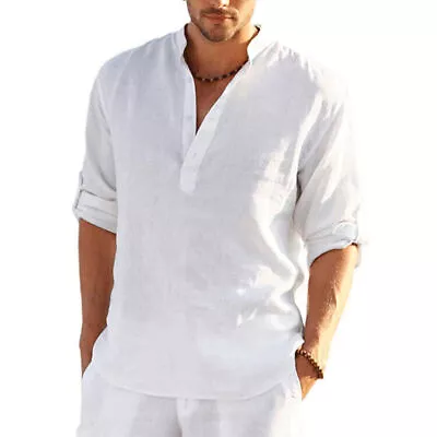 Mens Linen Beach Shirts Plain Loose Casual Shirt Summer Blouse Tops Plus Size • $17.45