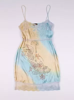 Ed Hardy By Christian Audigier Y2K Fish Silk Yellow Blue Mini Dress Size S • $85