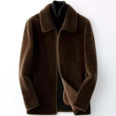 Men Lamb Wool Fur Coat Lapel Shearling Zipper Suede Leather Jacket Formal • $112.34