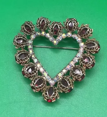 Vintage Red And Ab Rhinestone Heart Leaf Trim Pin Brooch Unique  • $33.99