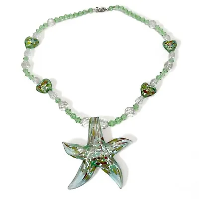 Murano Light Green Blown Glass Starfish Heart Pendant Beaded Necklace • $17.99