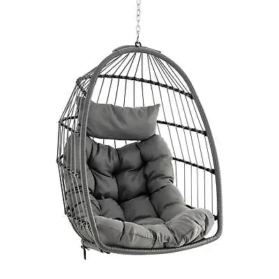 Hanging Egg Chair Wicker Swing Hammock Chair W/ Head Pillow & Seat Cushion Gray • $169.95