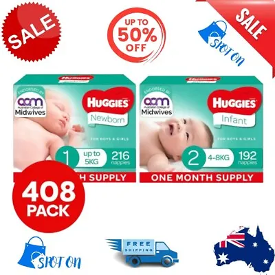 $219.99 • Buy Huggies Newborn Size 1 (Up To 5kg) & Infant Size 2 (4-8kg) Nappies 408pk