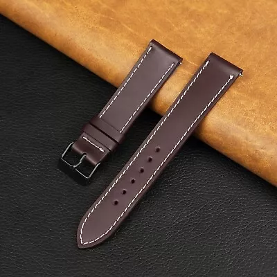 22mm Burgundy Flat Watch Band Men Black Buckle Leather Strap White Stitching Men • $14.39