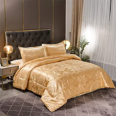 Gold Queen Size Comforter Set Luxury Silk  Lightweight 3 Pcs  Cozy  Bed Set  • $57.99