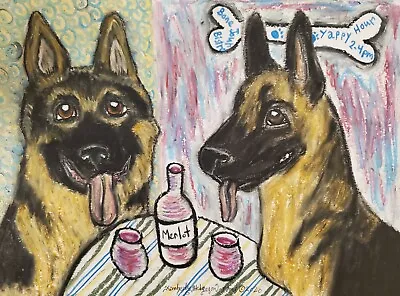 German Shepherd Bistro Giclee Art Print 11x14 Signed Artist KSams Dogs Vintage • $28