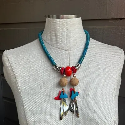 Vintage Chunky Turquoise Wood Dangle Statement Necklace • $24.95