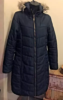  REGATTA Out-Door  Long Puffa Coat - Size UK 14 - Navy Blue Tone- Hooded • £12.50