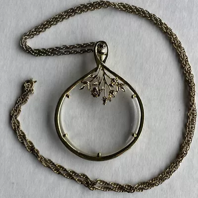 Vintage Magnifying Glass Pendant Necklace- Roses Flower Floral Gold-tone • $10.04