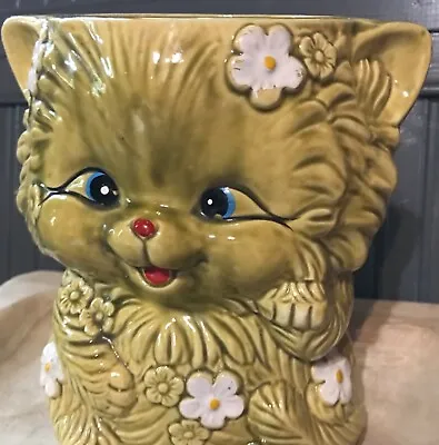 $35 • Buy Vintage Norleans Ceramic Cat Planter, Large Kitchy Flower Pot For Plants Green
