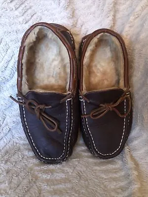 Cabelas Shearling Slippers Sz 9 M Leather Moccasin  Fur Brown VGUC • $34.99