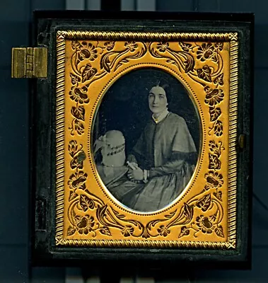 1850s SIXTH PLATE  DAGUERREOTYPE GUTTA PURCHA CASE  GRAPE LEAVES WOMAN & BONNET • $50