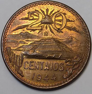 Mexico 1944 20 Centavos ~ Mint State ~ RB ~ Toned • $15