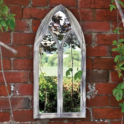 75cm Gothic Style White Distressed Garden Mirror - Indoor/Outdoor Use • £44.99