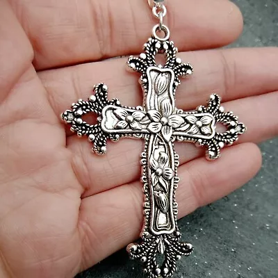 Huge  Very Long Ornate CROSS Necklace 90cm/36  Chain Large Big Religious Rock • £5.95