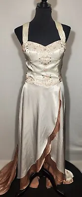 Party Time Rhinestones Ivory Bronze Layered Dress Ball/Pageant Gown Size 8 • $39.95