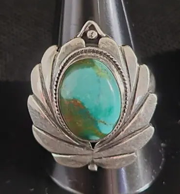 Southwestern Turquoise Ring 925 Sterling Silver Leaf Design 9 Grams Size 8.5 • $58.97