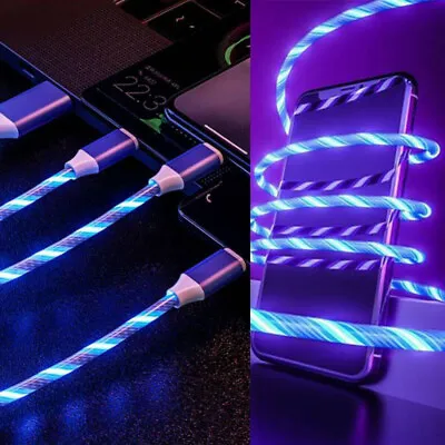 LED Flowing Type-C Light Up Data Cable Charging Cord USB For IPhone Sync Charger • £1.50