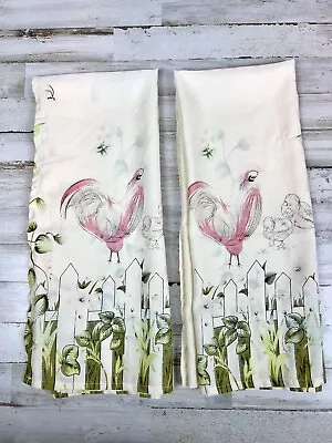 2 Vtg Curtains Panels 36  L X 29 W Cream W/ Pink Roosters Green Leaves Spring • $16