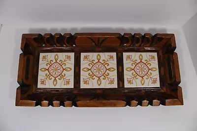 Vintage Hand Carved Mexican WOOD SERVING TRAY With Hand Painted TILES 9x18 Inch • $27.99