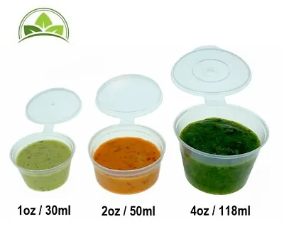 Clear Plastic Sauce Cups Hinged Lids High Quality Chutney Deli Pots 1/2/4oz • £8.69