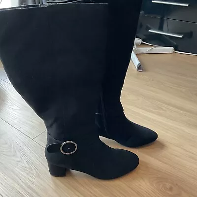 Ladies Size 9 EEE Evans Black Knee High Faux Suede Buckle Detail  Low Heel Boots • £60