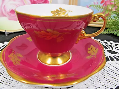 Foley Tea Cup And Saucer Gold Gilt Leaves And Red Teacup England • $19.96