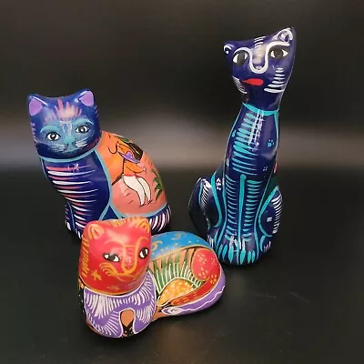 Talavera Style Mexican Red Clay Hand Painted Colorful Cat Figurines Set Of 3 • $25