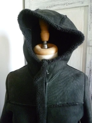 £85 • Buy RUFFO Italy Shearling Vintage Hooded Coat Jacket - Distressed Black Size 14/16 L