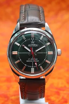 Antique Swiss Vintage Roamer ST96 17 Jewels Hand Wind Green Dial Mens Wristwatch • $42.99