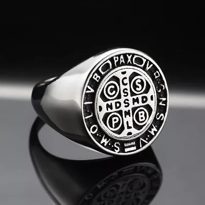 Men's Catholic ST Saint Benedict Cross Ring And Ring Stainless Steel 7-13 Size • $9.89