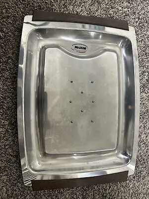 MCM Stainless Steel Tray W/ Teak Wood Handles Vintage Retro • $57