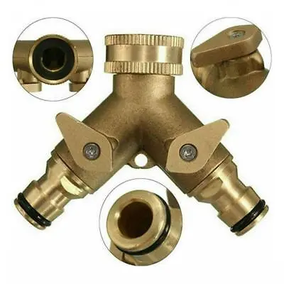 Hose Pipe Valve Splitter Quick Connector Adaptor Y-shaped Garden Tap 2 Way Brass • £8.79