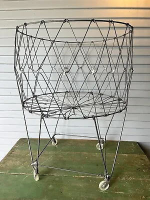 Vintage Mid-Century Collapsible Rolling Folding Wire Laundry Basket • $145