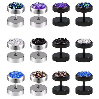 PAIR Mens Crystal Stud Fake Ear Plug Stretcher Earrings Stainless Steel Piercing • £2.89