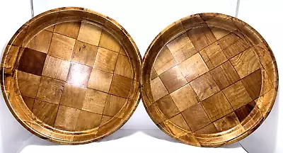 2 Vintage Round Woven Wood Serving Tray-Wooden Weave-Boho-Tiki-MCM-13  • $19.99