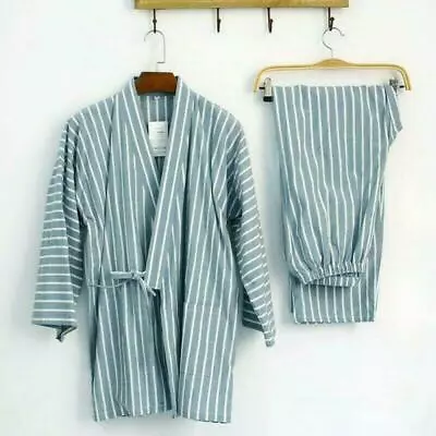 Men's Japanese Kimono Pajama Sets Long Pants Striped Cotton Sleep Nightwear Hot • $38.53