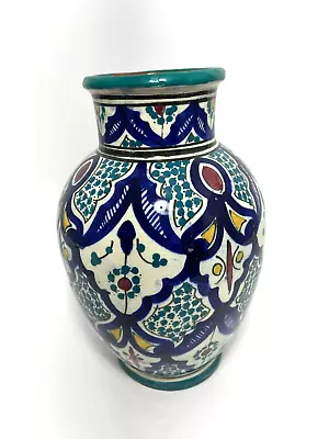 £69.30 • Buy Moroccan Terra Cotta Hand Painted Glazed Vase Blue Green Yellow Rust Marked