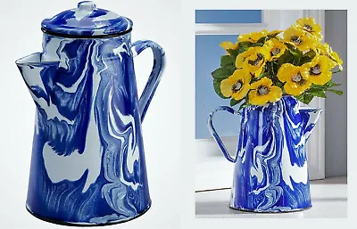 Vintage-style Blue Marbled Enamel Coffeepot Floral Display Pot Camping Kitchen • $31.95