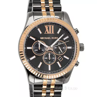 Michael Kors Lexington Mens Chronograph Watch Gray Dial Gunmetal Rose Gold Band • $114.52