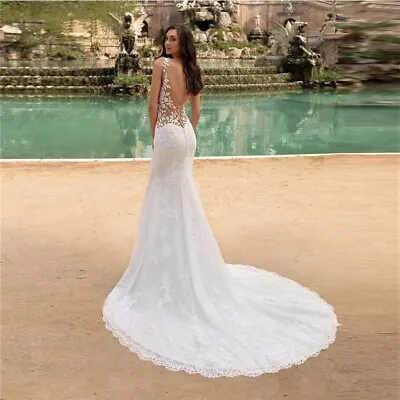 Backless Mermaid V Neck Lace Strap Side Hollow Train Bridal Gown Wedding Dress • $399.99