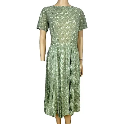 50s Vintage Womens Casual Dress A Line Pleated Paisley Green White Midi Large • $40