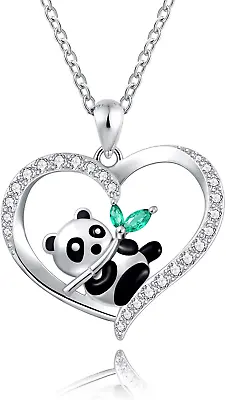 925 Sterling Silver Panda Bear Necklace Bamboo Heart Pendant Engraved I Love You • $78.28