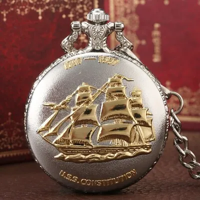 Men's Pocket Watch Nautical Vintage Silver Gold 1797 U.S.S. Constitution Warship • $21.95