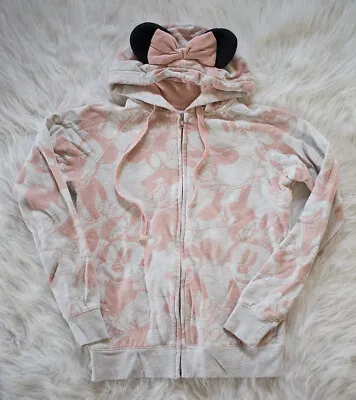 DISNEY Parks Minnie Mouse Women Pink Gray Bow And Ears Full Zip Hoodie XS Ladies • $8.99